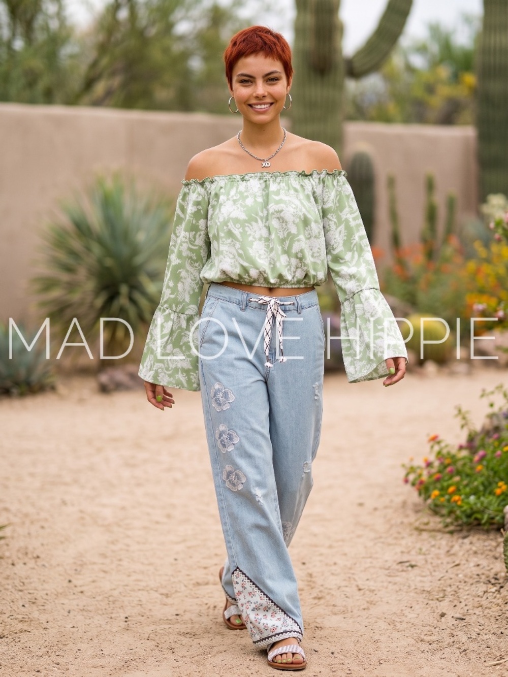 Peach Love Sage Green Floral Crop Top | Satin Off Shoulder Bubble Bell Sleeve - Picture 5 of 7